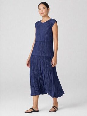 EILEEN FISHER NWT S $388 Crushed Silk Jewel Neck Tiered Dress in Bluette • Midi
